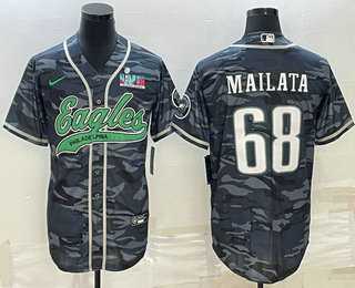 Mens Philadelphia Eagles #68 Jordan Mailata Grey Camo With Super Bowl LVII Patch Cool Base Stitched Baseball Jersey